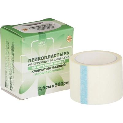 Лейкопластырь LEIKO(ЛЕЙКО) фикс. мед.на неткан.основ.,хлоп.бум,гипо..2,5см*500см,катушка (12шт/уп)