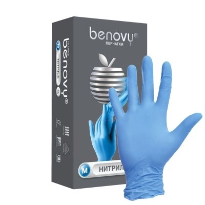 Перчатки нитриловые н/с н/о текс. голубые BENOVY 3гр M 100пар