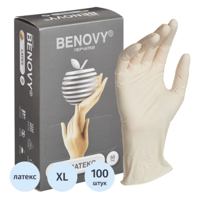 Перчатки латексные смотровые н/с н/о текст. BENOVY, XL 50пар/уп